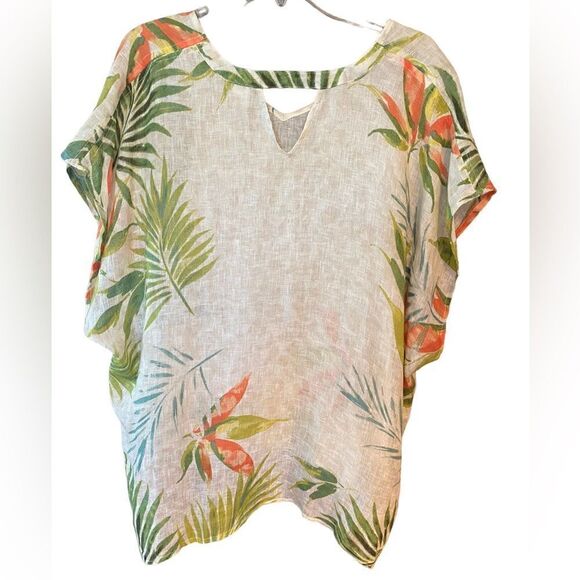 Chico’s Sz S/M Beige Orange Tropical Palms Linen Relaxed Fit Keyhole Front Tunic - Picture 2 of 6